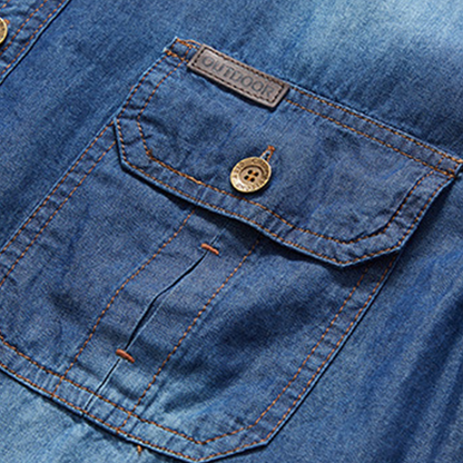🔥👔 50% OFF! Camisa Masculina de Manga Curta em Jeans – Estilo Vintage, Bolsos Funcionais e Conforto