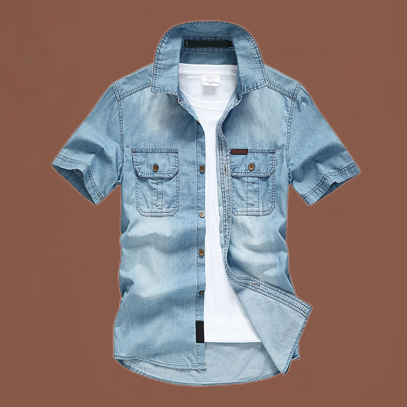 🔥👔 50% OFF! Camisa Masculina de Manga Curta em Jeans – Estilo Vintage, Bolsos Funcionais e Conforto
