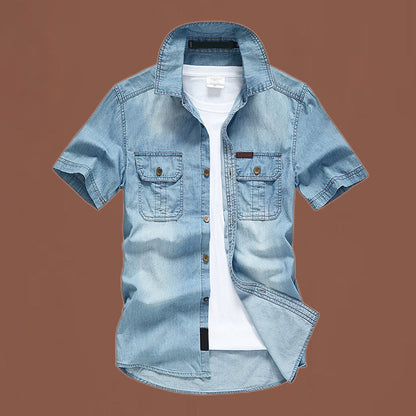 🔥👔 50% OFF! Camisa Masculina de Manga Curta em Jeans – Estilo Vintage, Bolsos Funcionais e Conforto
