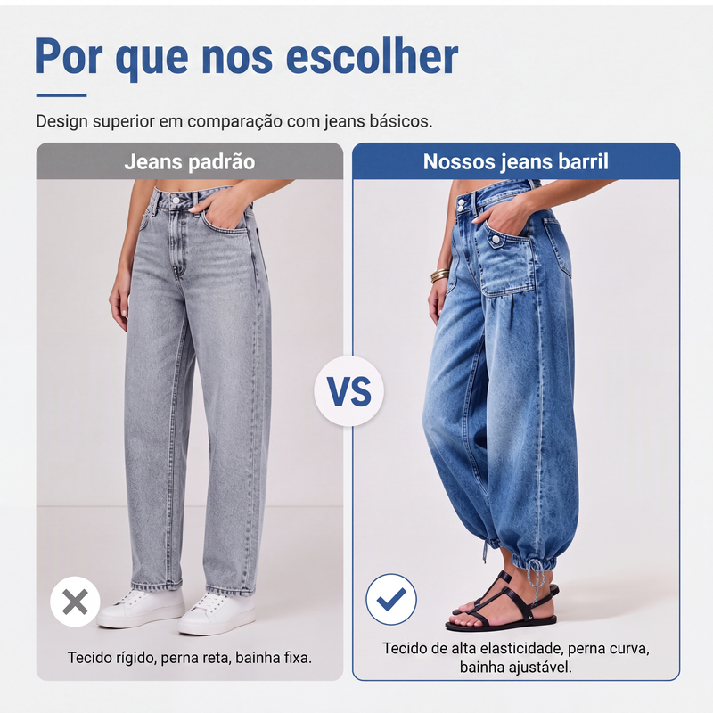🔥 50% OFF HOJE! 👖  Calça Jeans Barril Feminina de Cintura Alta – Modelagem Moderna, Conforto Elástico e Ajuste Perfeito Para Valorizar Sua Silhueta ✨