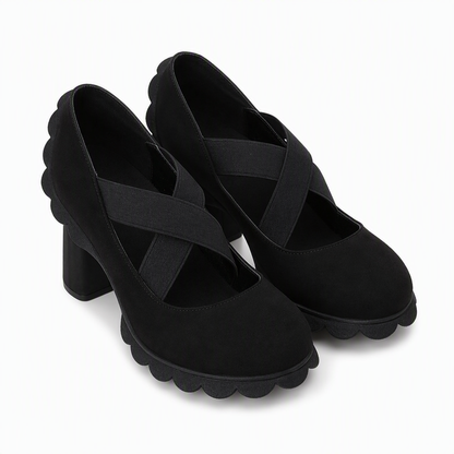 Sapatos femininos tipo Mary Jane com bico redondo, tiras entrecruzadas, salto grosso, plataforma e recortes