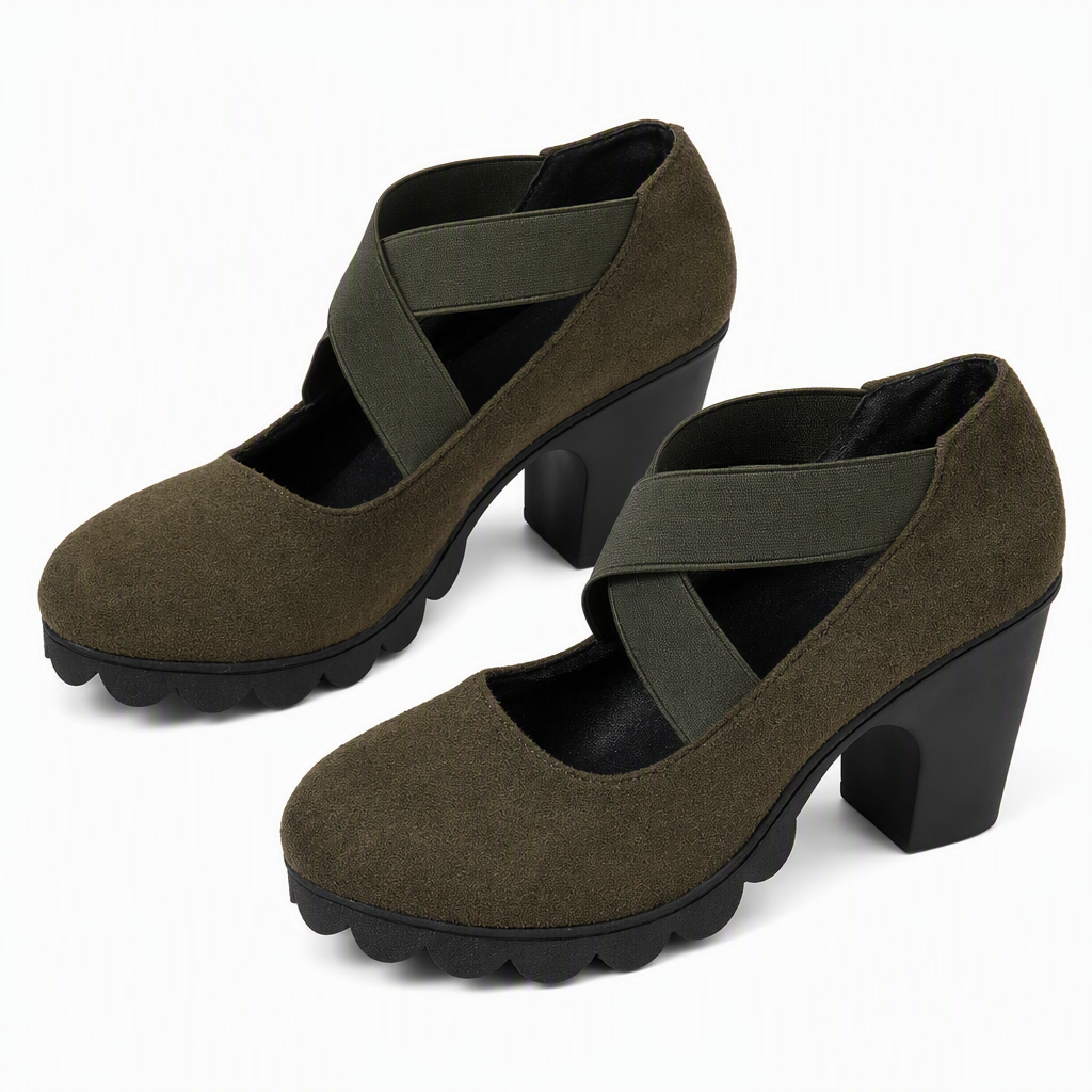 Sapatos femininos tipo Mary Jane com bico redondo, tiras entrecruzadas, salto grosso, plataforma e recortes