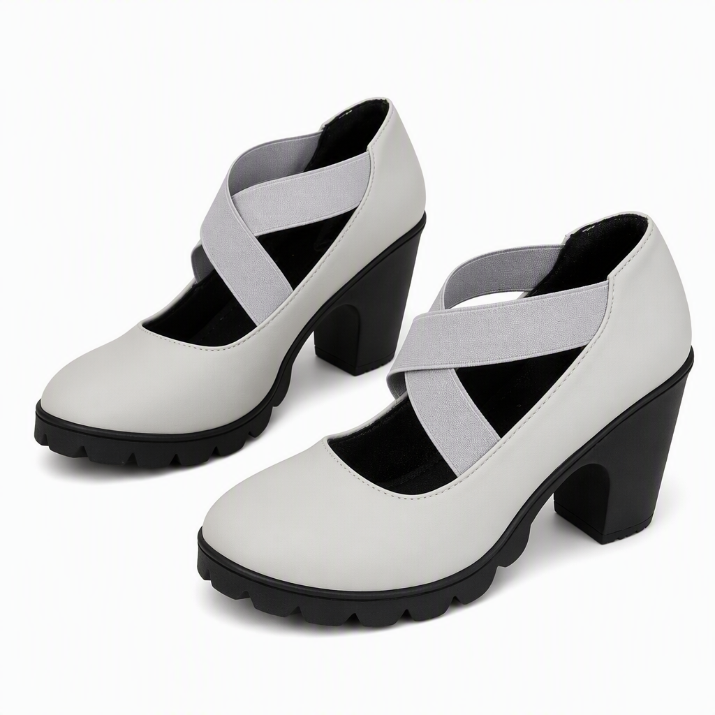 Sapatos femininos tipo Mary Jane com bico redondo, tiras entrecruzadas, salto grosso, plataforma e recortes