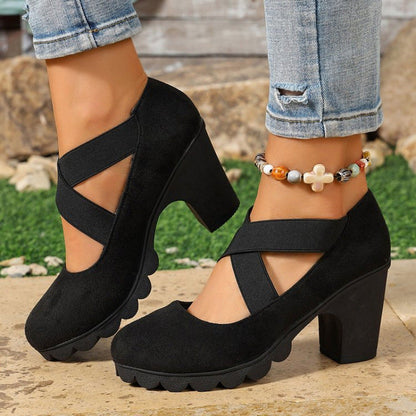 Sapatos femininos tipo Mary Jane com bico redondo, tiras entrecruzadas, salto grosso, plataforma e recortes