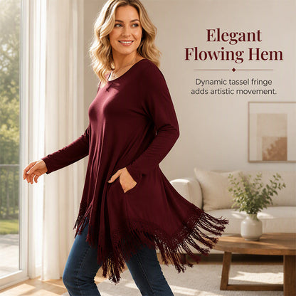🌸 Tassel Lace Detail, Flattering Relaxed Drape | Women's Boho Tunic Top