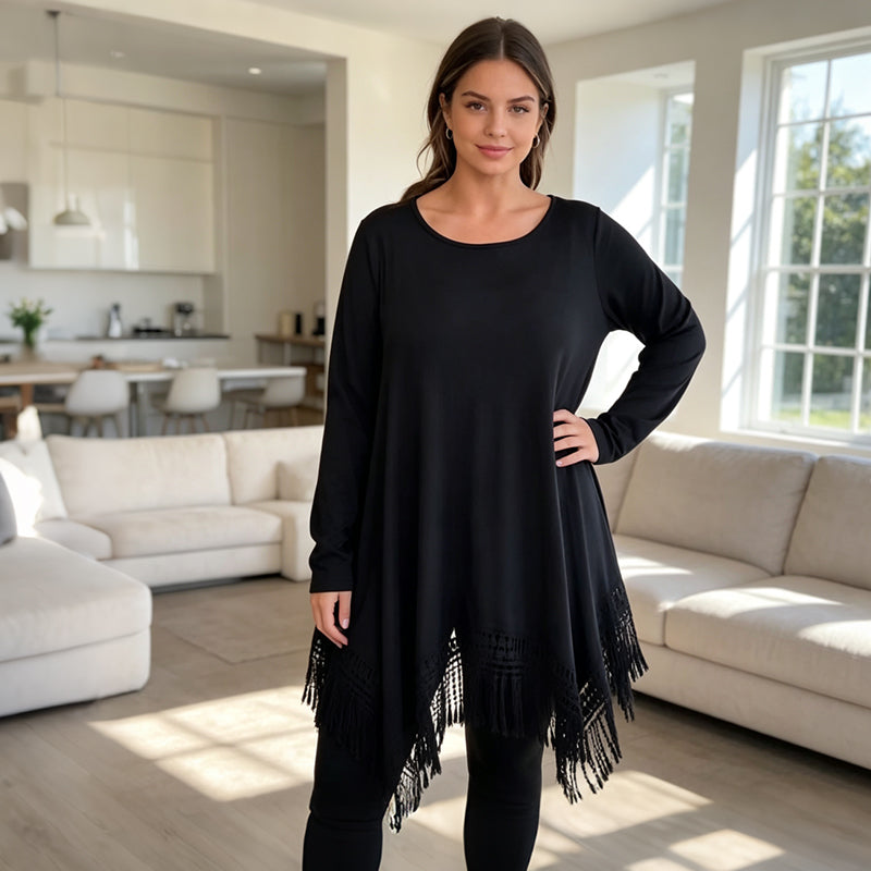 🌸 Tassel Lace Detail, Flattering Relaxed Drape | Women's Boho Tunic Top