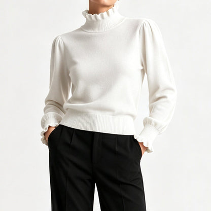 Women's Elegant Cozy Knitted Top with Ruffle Trim