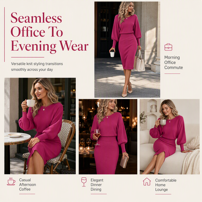✨ Draped Knit Elegance | Women’s Ribbed Midi Sweater Dress with Batwing Sleeves
