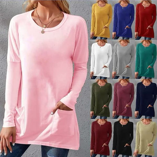 🔥Kjøp 2 og få gratis frakt-Langermede, løstsittende, ensfarget t-skjorte med rund hals og lommer, fritidsklær for kvinner